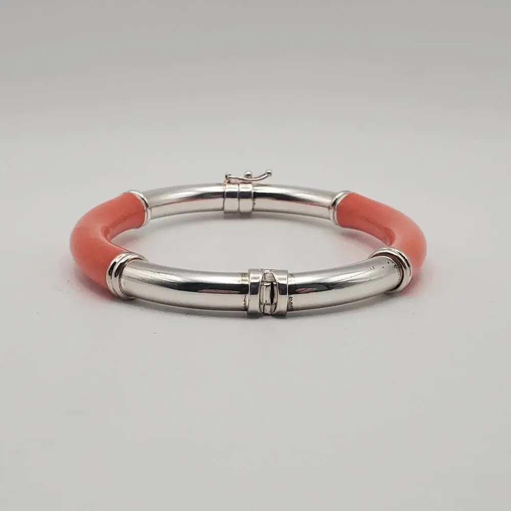 Milor Italy Sterling Silver 925 Orange Enamel Hinged Bangle Bracelet 6.75" - Picture 3 of 12